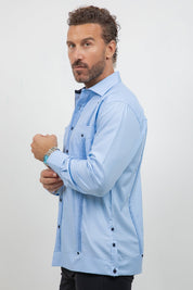 Cotton Blend Guayabera Long Sleeve Two Pocket Contrast Stitching