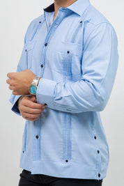 Cotton Blend Guayabera Long Sleeve Two Pocket Contrast Stitching