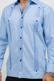 Cotton Blend Guayabera Long Sleeve Two Pocket Contrast Stitching