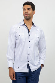 Cotton Blend Guayabera Long Sleeve Two Pocket Contrast Stitching
