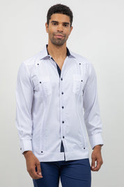 Cotton Blend Guayabera Long Sleeve Two Pocket Contrast Stitching