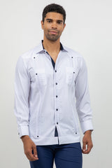 Cotton Blend Guayabera Long Sleeve Two Pocket Contrast Stitching