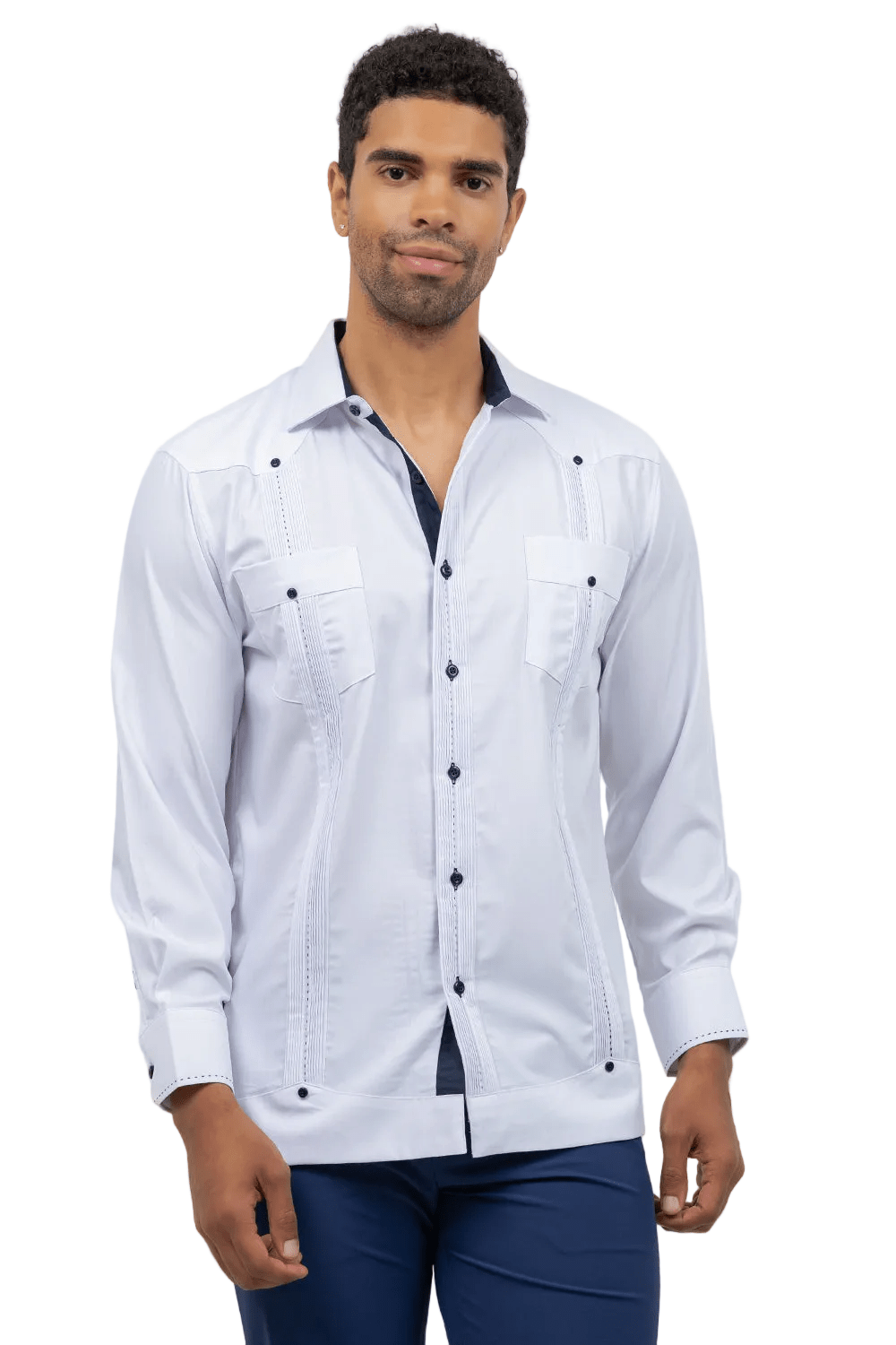 Cotton Blend Guayabera Long Sleeve Two Pocket Contrast Stitching
