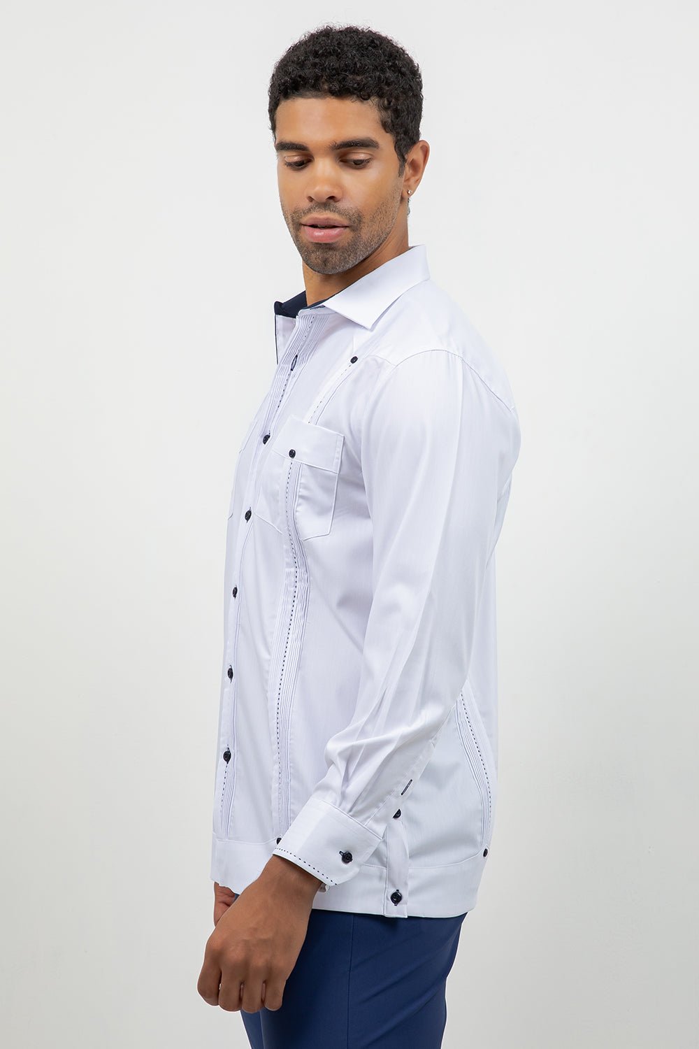 Cotton Blend Guayabera Long Sleeve Two Pocket Contrast Stitching