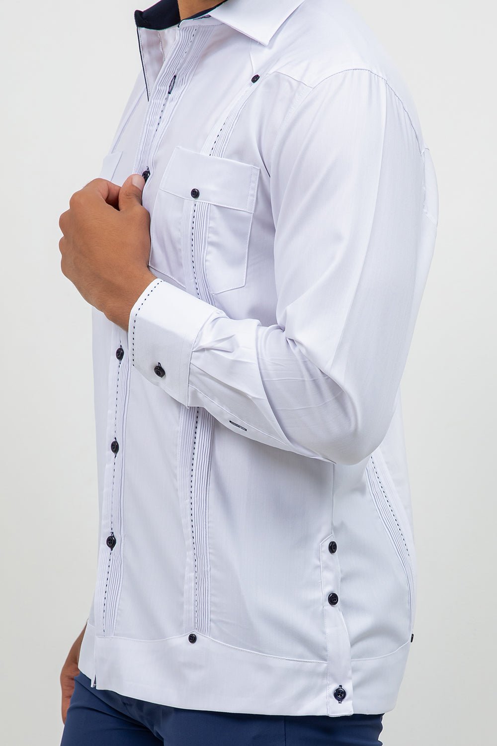 Cotton Blend Guayabera Long Sleeve Two Pocket Contrast Stitching