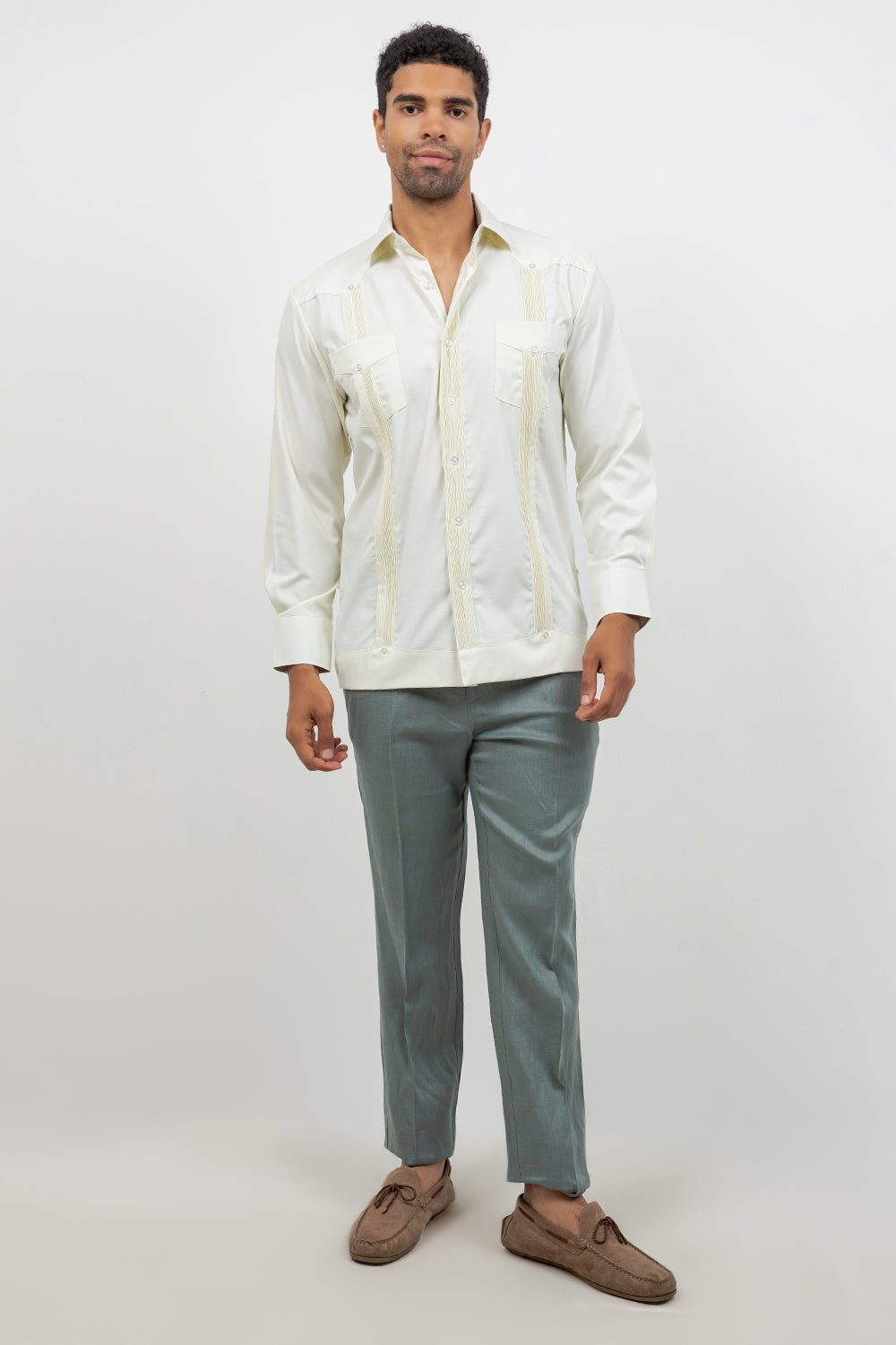 Cotton Blend Guayabera Long Sleeve Two Pocket Block Pleated