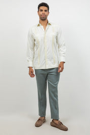Cotton Blend Guayabera Long Sleeve Two Pocket Block Pleated