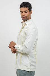 Cotton Blend Guayabera Long Sleeve Two Pocket Block Pleated