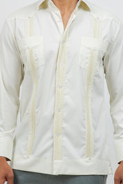 Cotton Blend Guayabera Long Sleeve Two Pocket Block Pleated