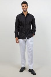 Cotton Blend Guayabera Long Sleeve Two Pocket Block Pleated