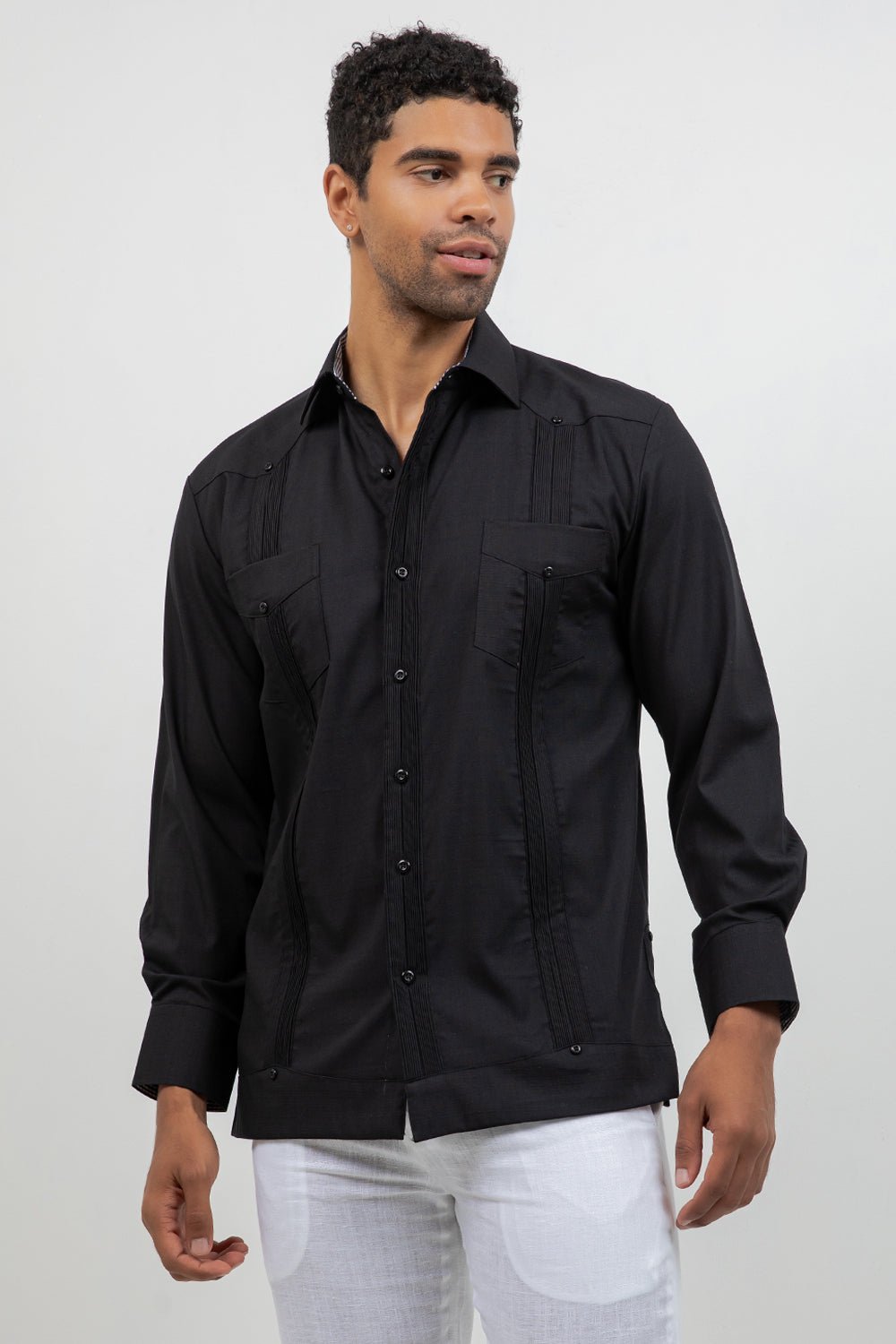 Cotton Blend Guayabera Long Sleeve Two Pocket Block Pleated