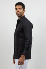 Cotton Blend Guayabera Long Sleeve Two Pocket Block Pleated