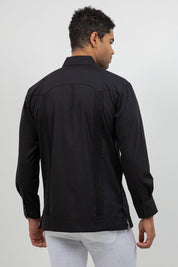 Cotton Blend Guayabera Long Sleeve Two Pocket Block Pleated