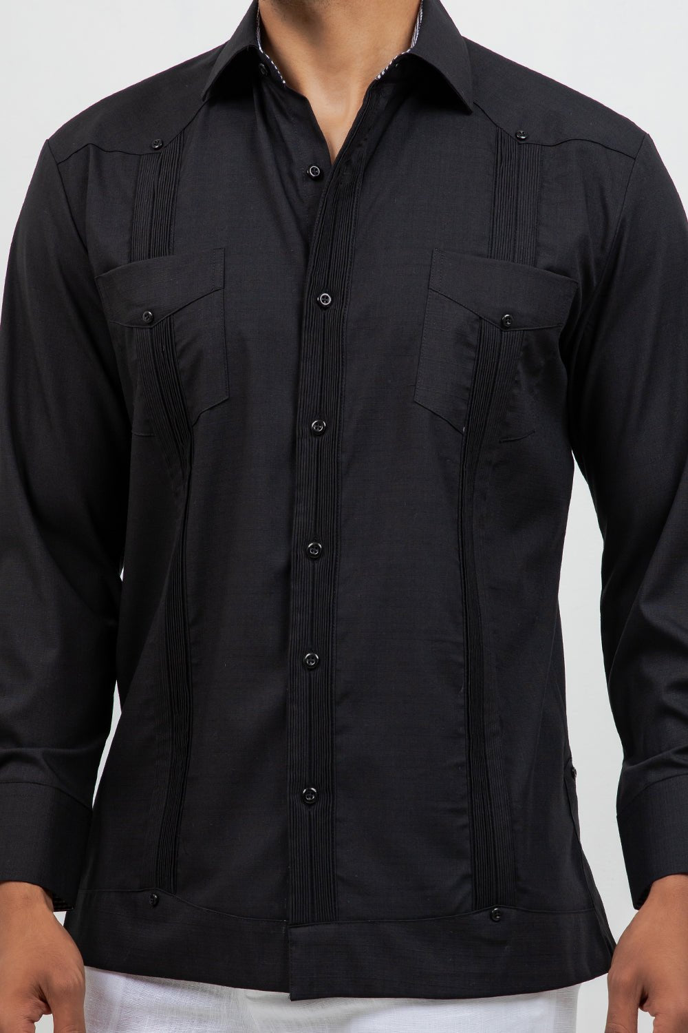 Cotton Blend Guayabera Long Sleeve Two Pocket Block Pleated