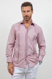 Cotton Blend Guayabera Long Sleeve Two Pocket Block Pleated