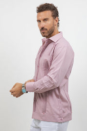 Cotton Blend Guayabera Long Sleeve Two Pocket Block Pleated
