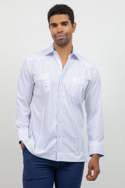 Cotton Blend Guayabera Long Sleeve Two Pocket Block Pleated