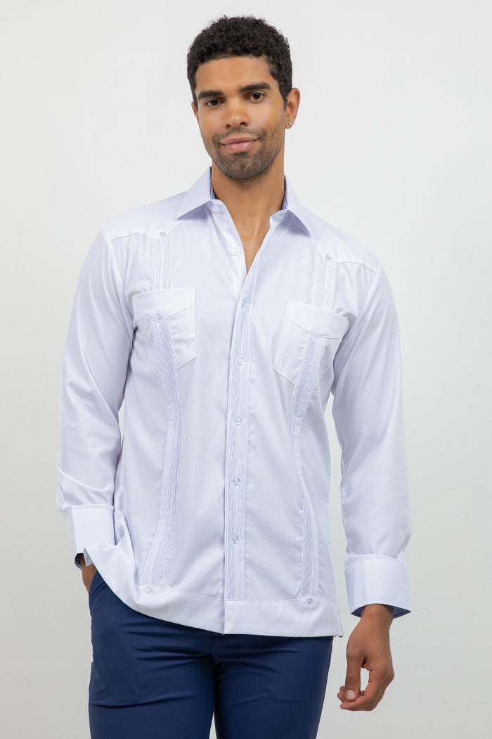 Men's dusty rose cotton blend guayabera shirt, long sleeve, front view, burgundy stitch, Mojito Collection