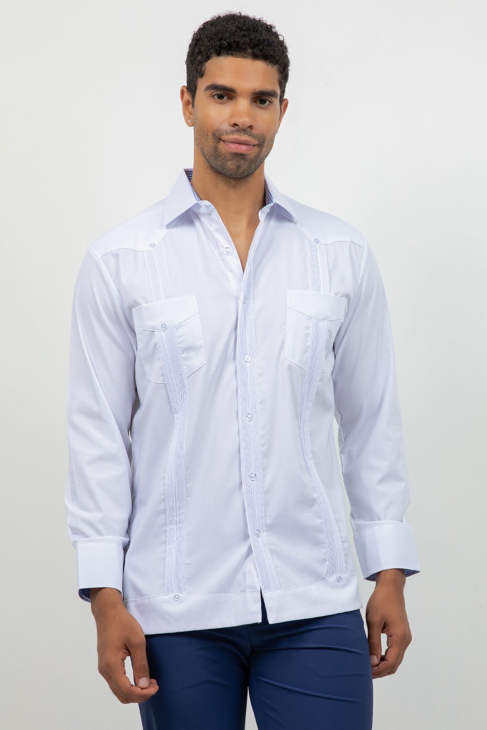 Cotton Blend Guayabera Long Sleeve Two Pocket Block Pleated