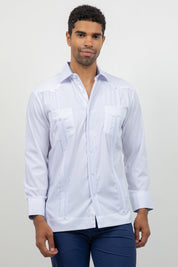 Cotton Blend Guayabera Long Sleeve Two Pocket Block Pleated
