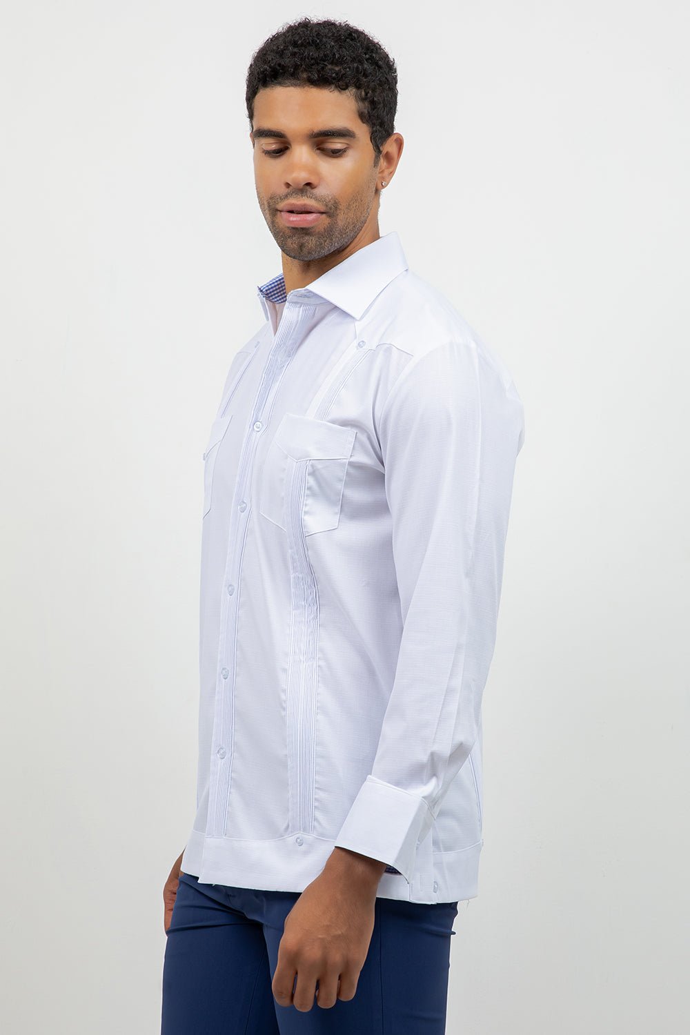 Cotton Blend Guayabera Long Sleeve Two Pocket Block Pleated