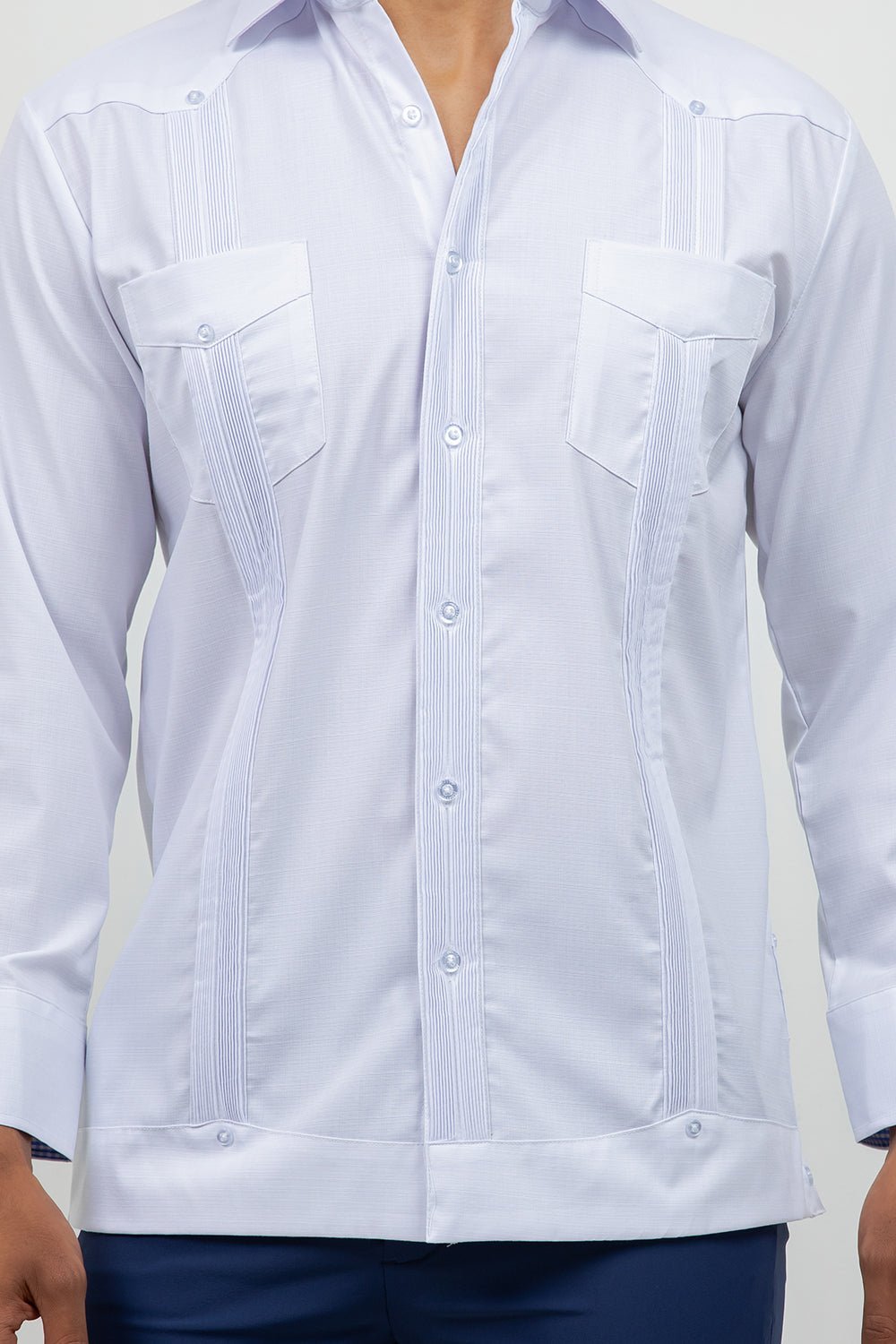 Cotton Blend Guayabera Long Sleeve Two Pocket Block Pleated