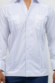 Cotton Blend Guayabera Long Sleeve Two Pocket Block Pleated