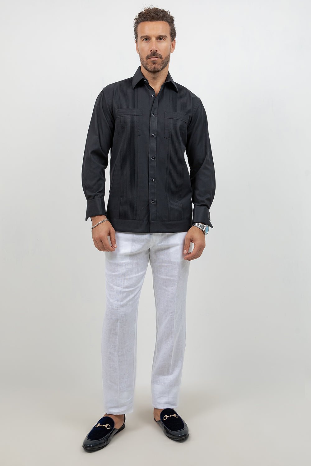 Men's black cotton blend guayabera shirt, long sleeve, full-length front view, resort shirt, Mojito Collection