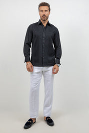 Men's black cotton blend guayabera shirt, long sleeve, full-length front view, resort shirt, Mojito Collection