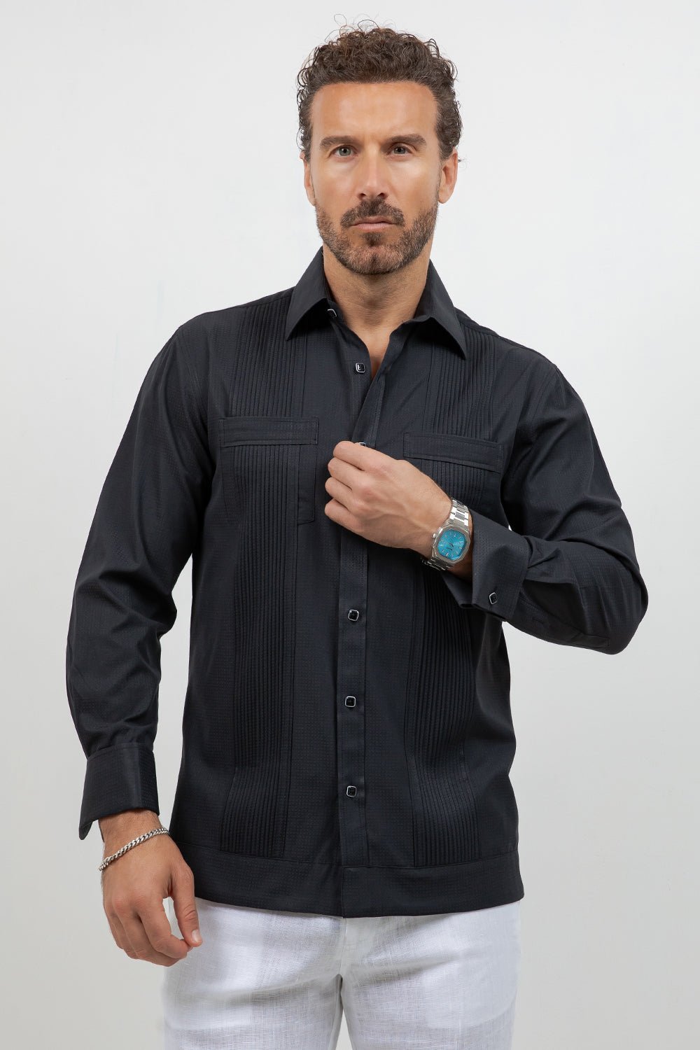 Men's black cotton blend guayabera shirt, long sleeve, front view, wide pleated front, Mojito Collection