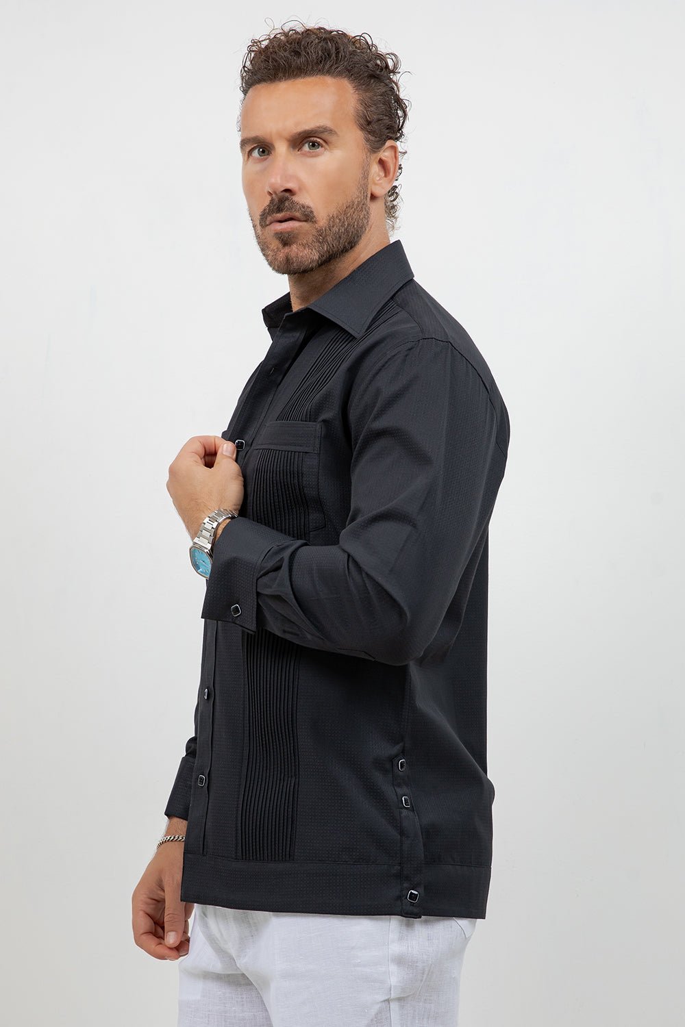 Men's black cotton blend guayabera shirt, long sleeve, front view, wide pleated front (view 2), Mojito Collection