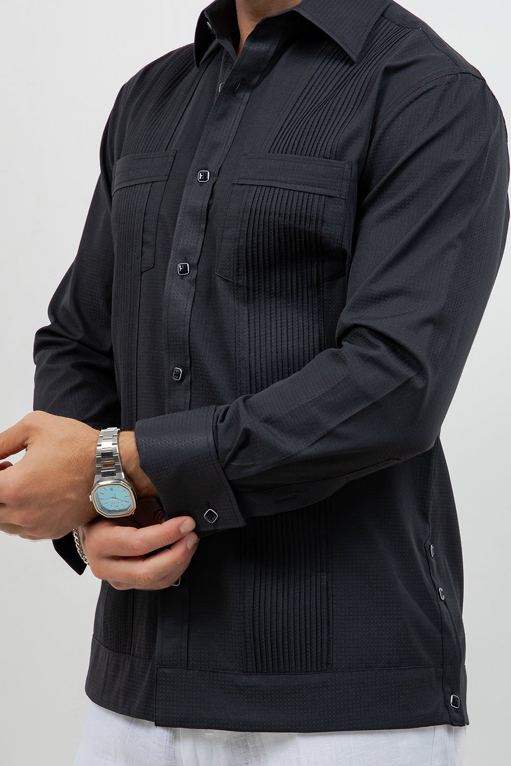Men's black cotton blend guayabera shirt, long sleeve, wide pleated front, Mojito Collection