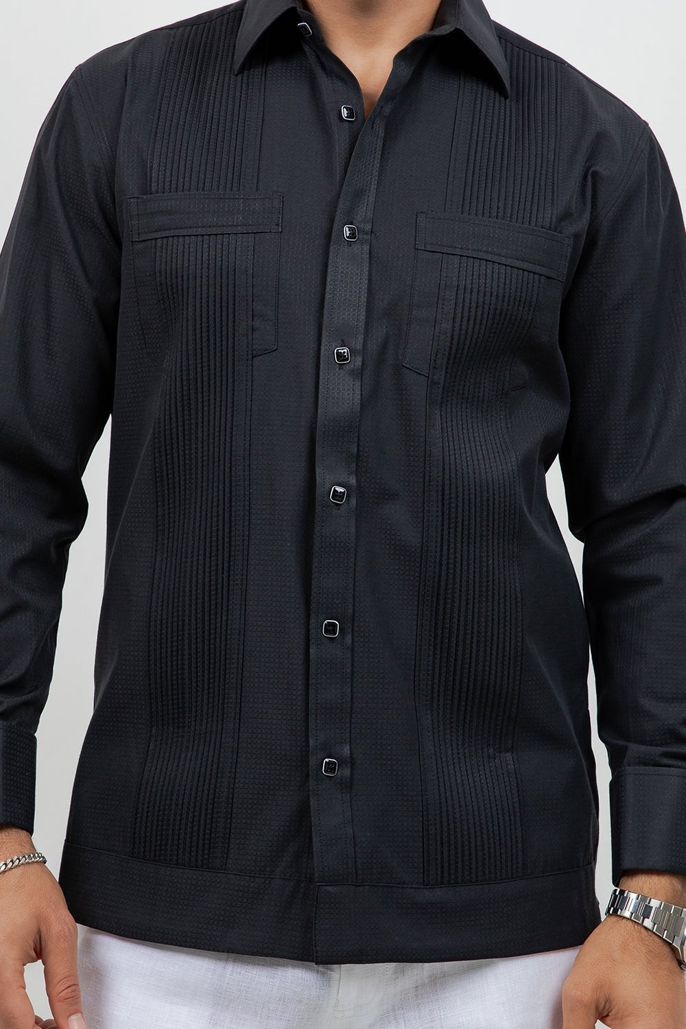 Men's black cotton blend guayabera shirt, long sleeve, close-up of pleating detail, Mojito Collection