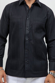Men's black cotton blend guayabera shirt, long sleeve, close-up of pleating detail, Mojito Collection