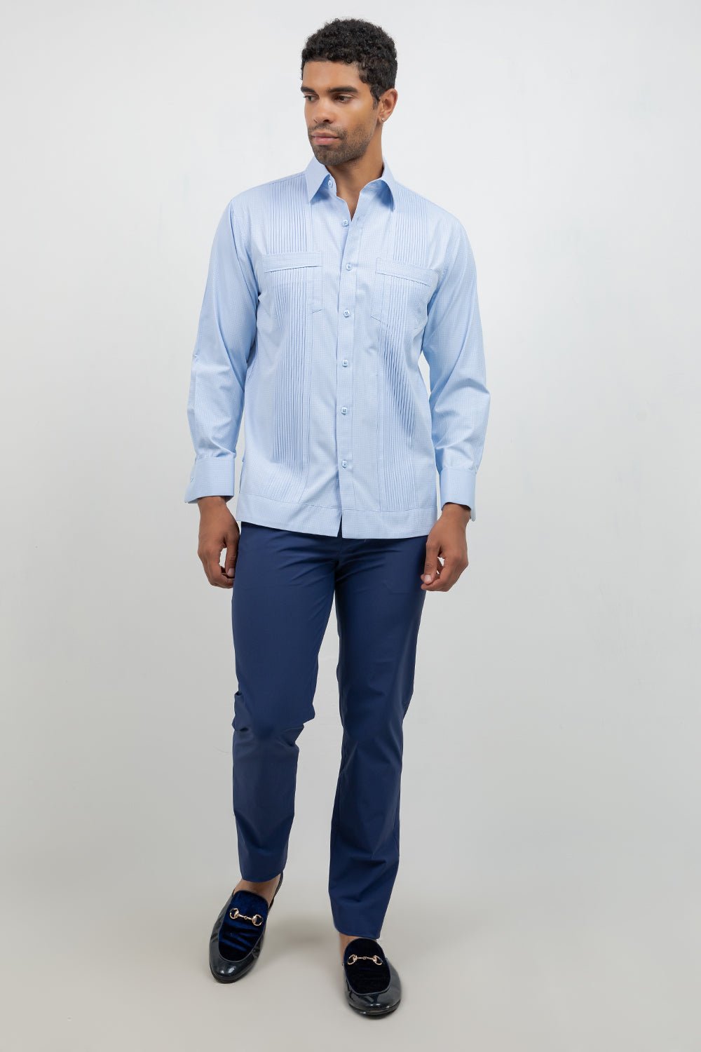 Men's blue cotton blend guayabera shirt, long sleeve, full-length front view, resort shirt, Mojito Collection