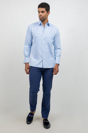 Men's blue cotton blend guayabera shirt, long sleeve, full-length front view, resort shirt, Mojito Collection
