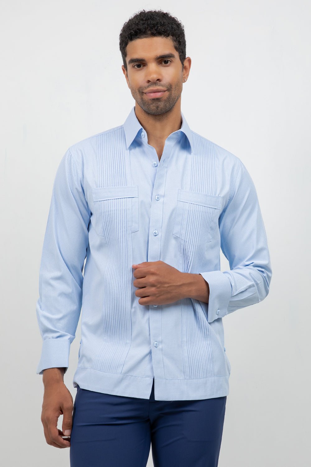 Men's blue cotton blend guayabera shirt, long sleeve, front view, wide pleated front, Mojito Collection
