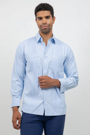 Men's blue cotton blend guayabera shirt, long sleeve, front view, wide pleated front, Mojito Collection