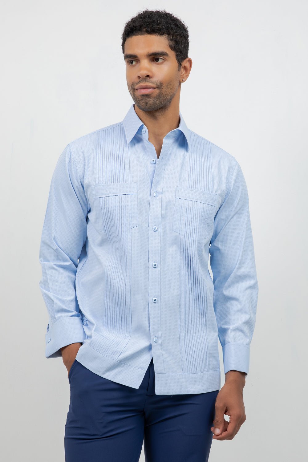 Men's blue cotton blend guayabera shirt, long sleeve, full-length front view, resort shirt (view 2), Mojito Collection