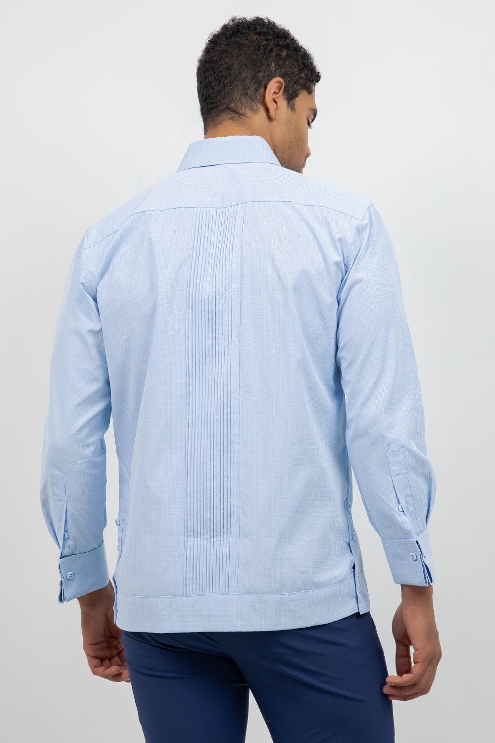Men's blue cotton blend guayabera shirt, long sleeve, front view, wide pleated front (view 2), Mojito Collection