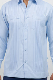 Men's blue cotton blend guayabera shirt, long sleeve, two chest pockets, Mojito Collection