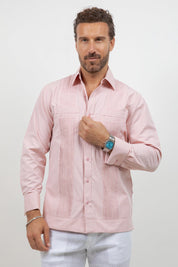 Men's salmon cotton blend guayabera shirt, long sleeve, front view, wide pleated front, Mojito Collection