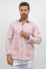 Cotton Blend Guayabera Long Sleeve Two Pocket Wide Pleated