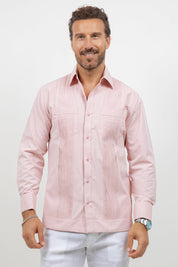 Men's salmon cotton blend guayabera shirt, long sleeve, front view, two chest pockets, Mojito Collection