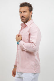 Men's salmon cotton blend guayabera shirt, long sleeve, front view, wide pleated front (view 2), Mojito Collection