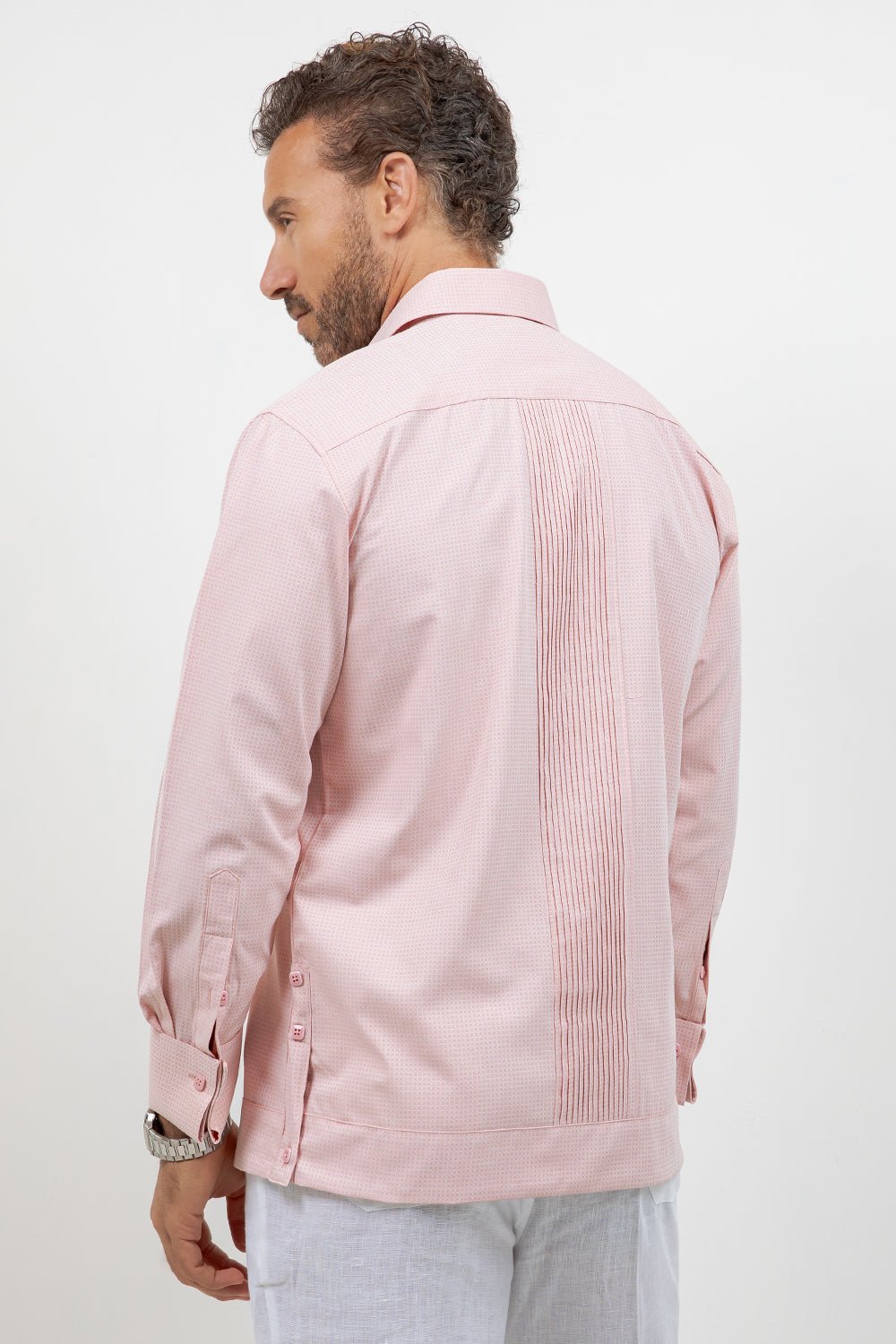 Men's salmon cotton blend guayabera shirt, long sleeve, two chest pockets, Mojito Collection
