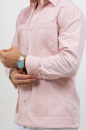 Men's salmon cotton blend guayabera shirt, long sleeve, wide pleated front (view 2), Mojito Collection