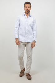 Men's white cotton blend guayabera shirt, long sleeve, full-length front view, resort shirt, Mojito Collection