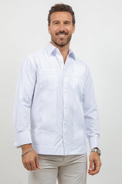 Men's white cotton blend guayabera shirt, long sleeve, front view, two chest pockets, Mojito Collection
