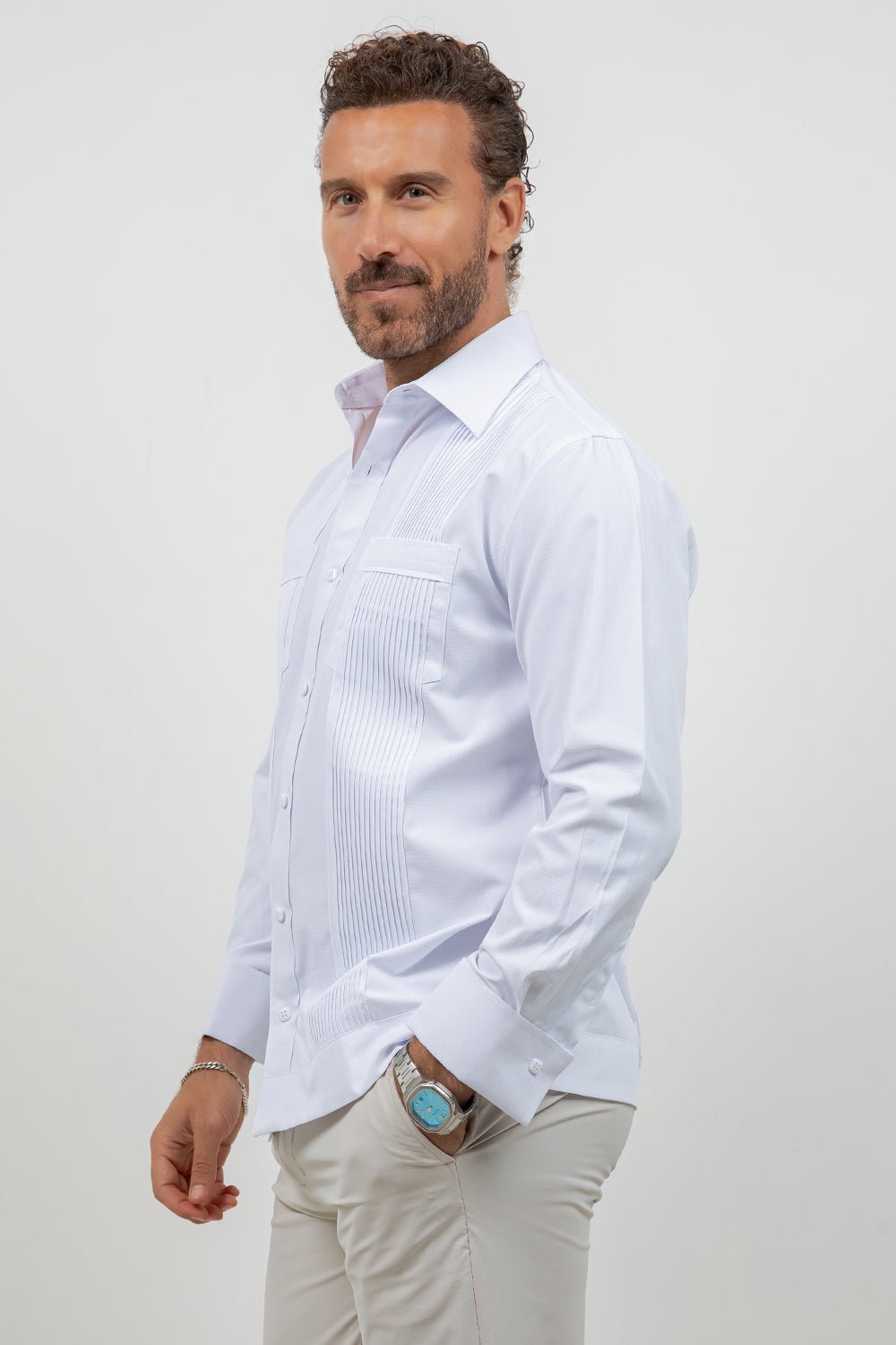 Men's white cotton blend guayabera shirt, long sleeve, front view, wide pleated front (view 2), Mojito Collection